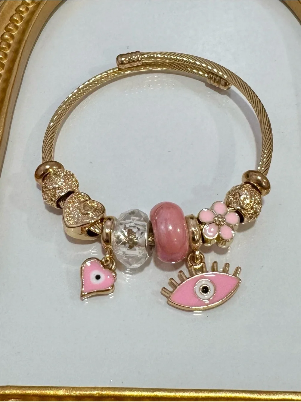 New Gold-Tone Cuff Pink Charm Bracelet with Enamel Eye & Heart Charms